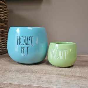 Rae Dunn Blue and Green Ceramic Planter Set
